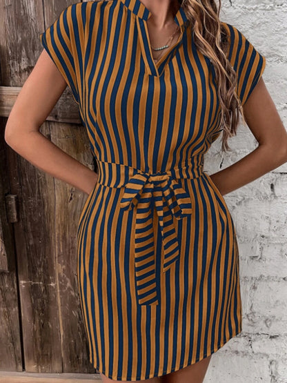 Tied Striped Cap Sleeve Mini Dress-Angel Casuals