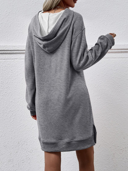 Slit Long Sleeve Hooded Dress with Pocket-Angel Casuals