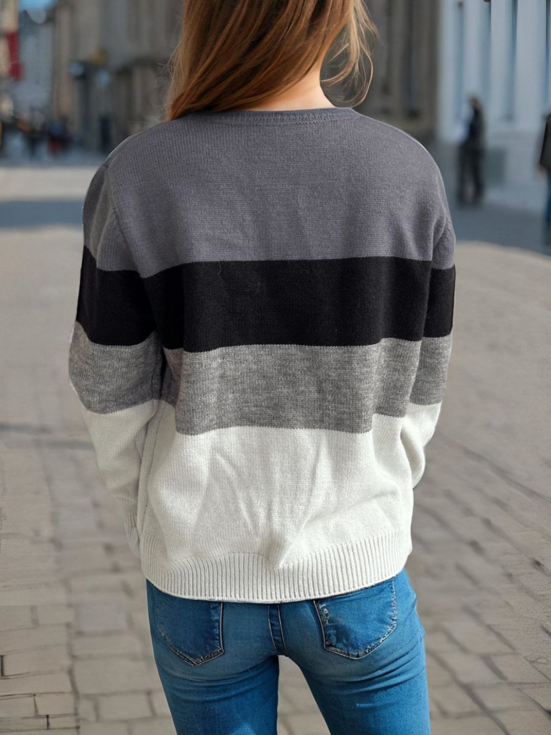 Color Block Round Neck Long Sleeve Sweater-Angel Casuals