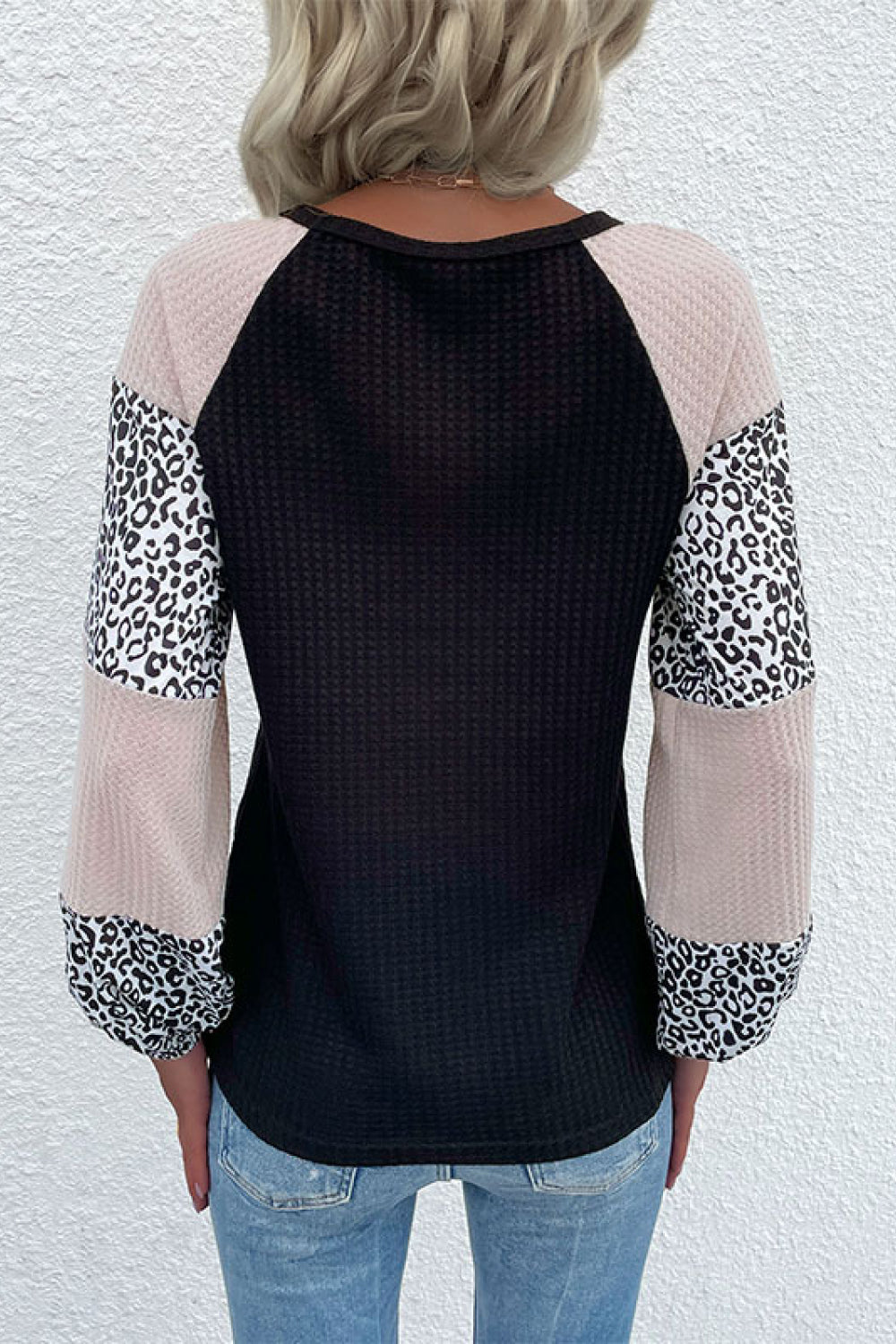 Perfee Contrast Leopard Print Waffle Knit Tee-Angel Casuals