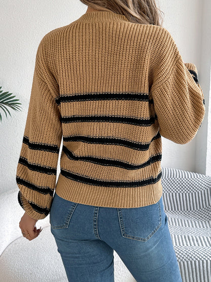 Striped Round Neck Long Sleeve Sweater-Angel Casuals