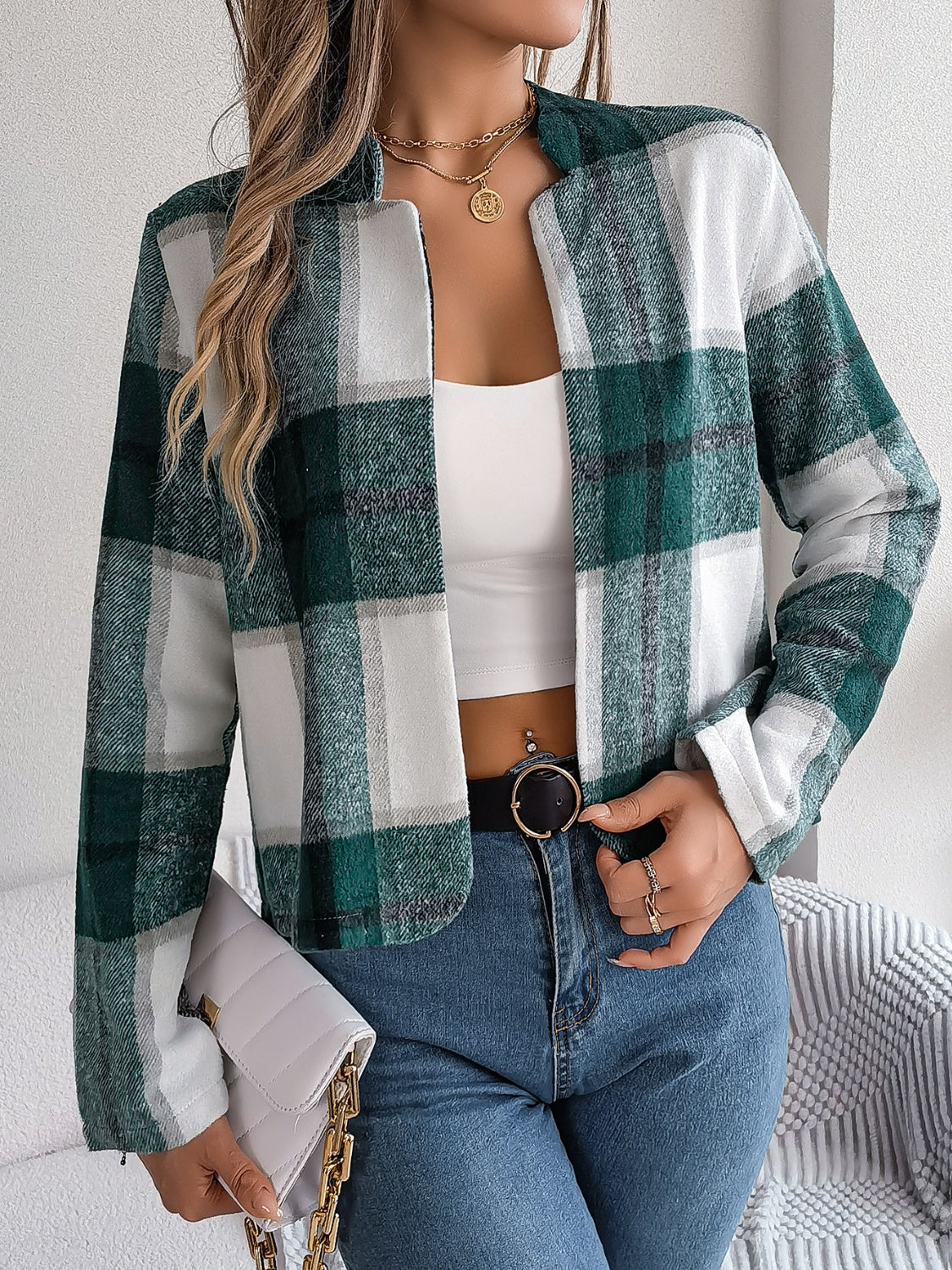 Plaid Open Front Long Sleeve Jacket-Angel Casuals