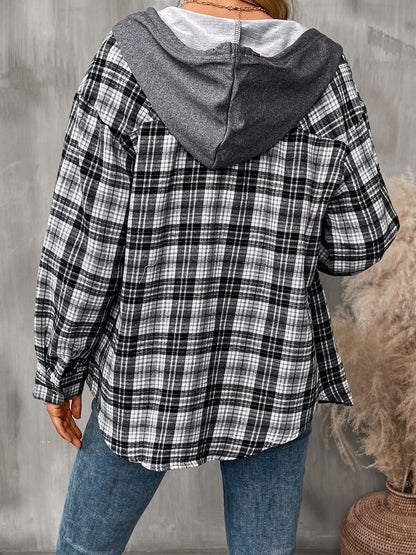 Plaid Long Sleeve Hooded Jacket-Angel Casuals