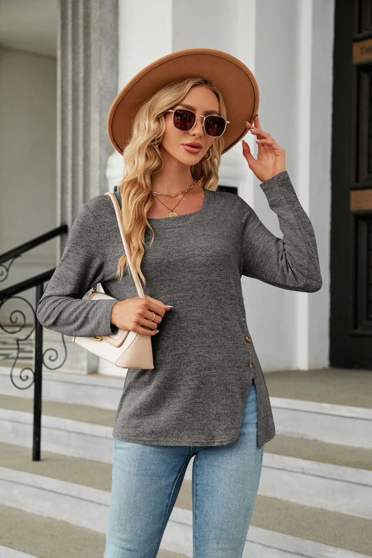 Square Neck Long Sleeve Slit T-Shirt-Angel Casuals