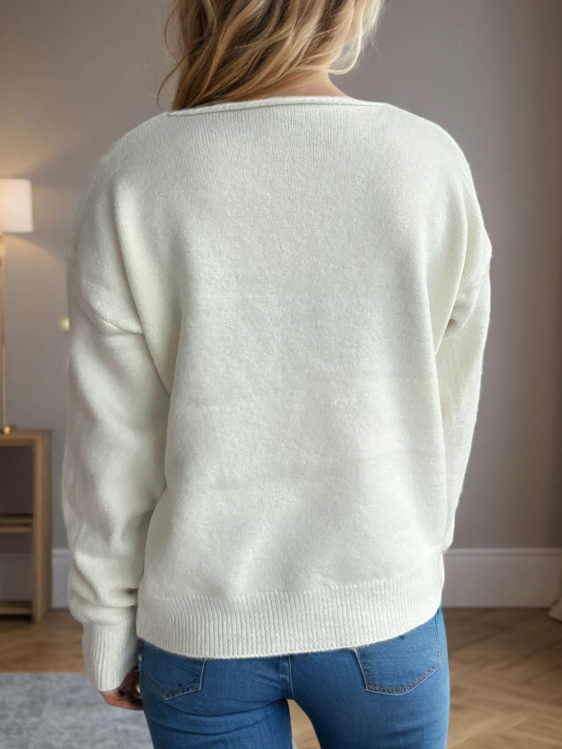 V-Neck Dropped Shoulder Long Sleeve Sweater-Angel Casuals