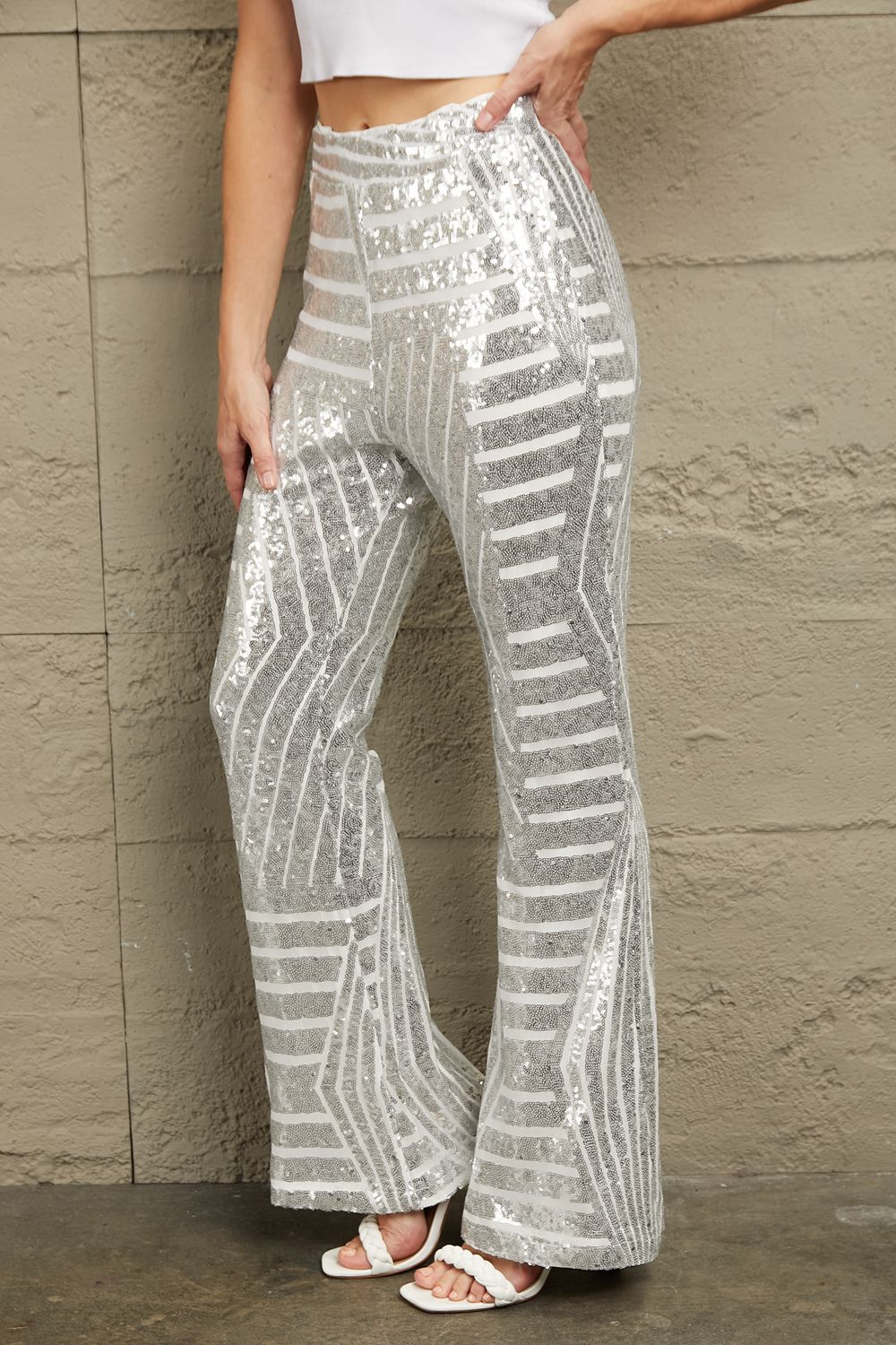 Double Take Sequin High Waist Flared Pants-Angel Casuals