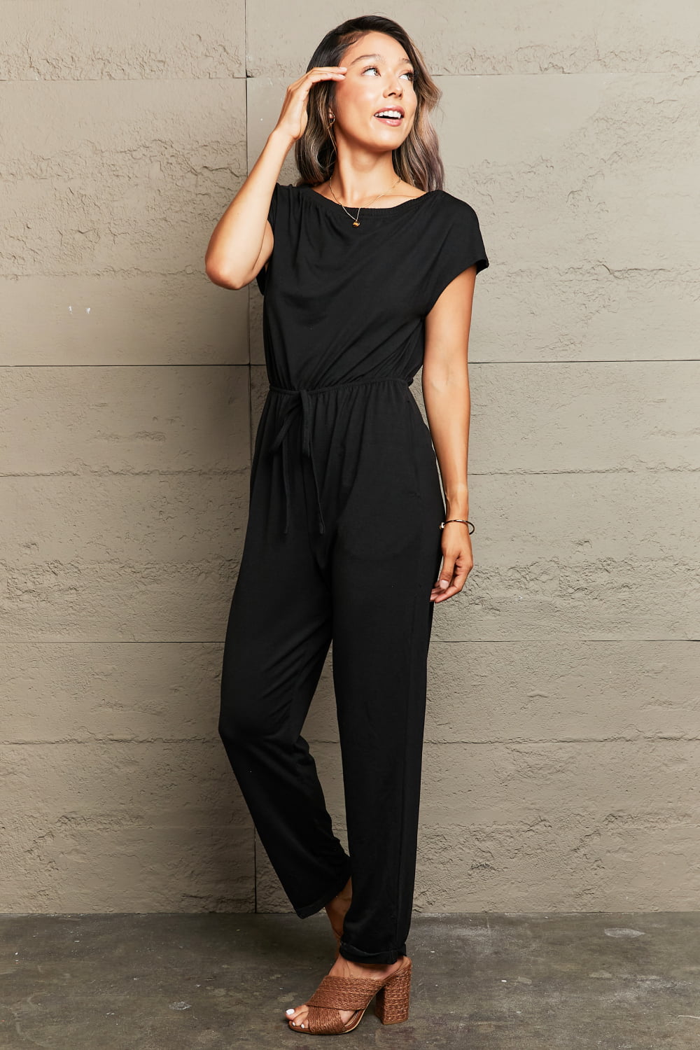 Boat Neck Short Sleeve Jumpsuit with Pockets-Angel Casuals