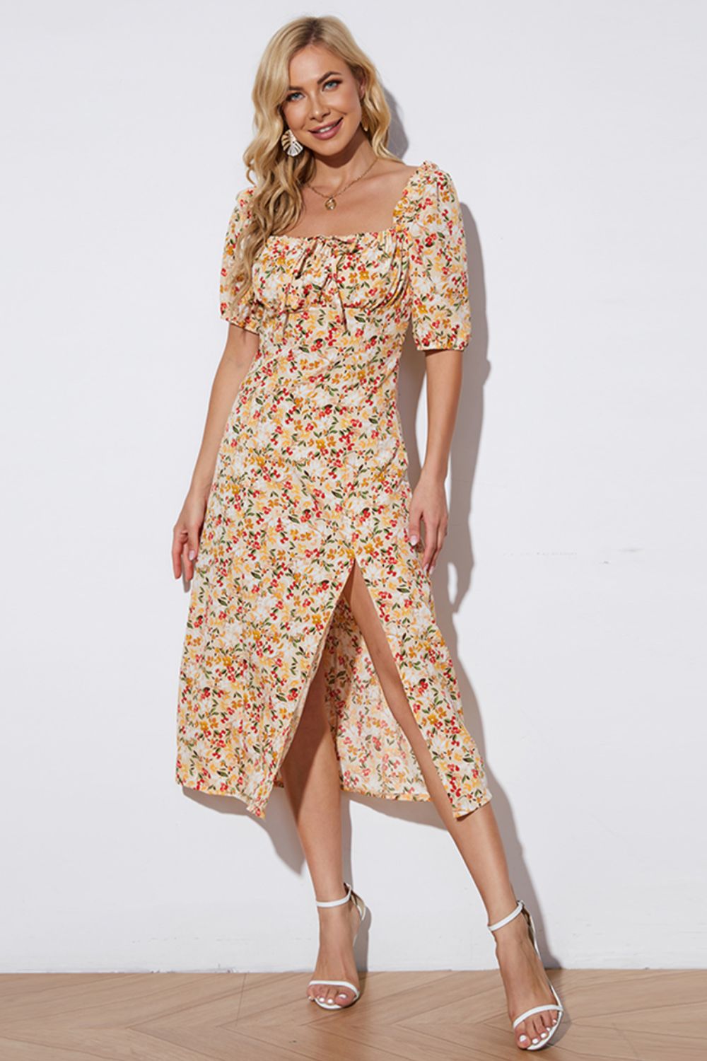 Floral Tied Square Neck Split Dress-Angel Casuals