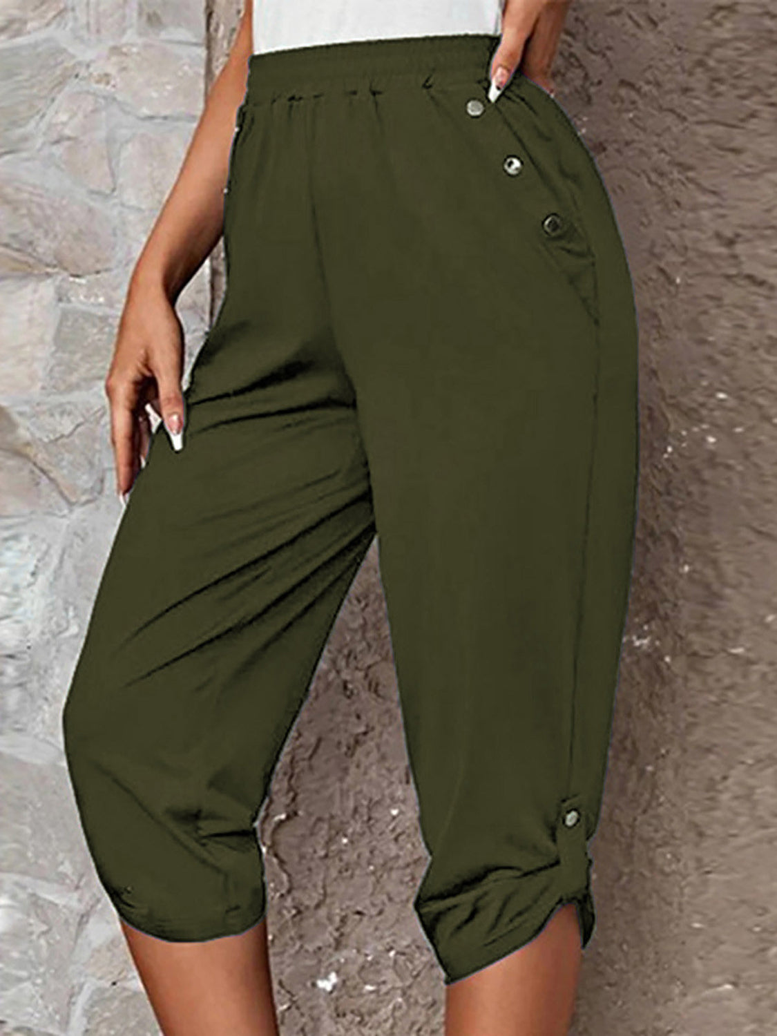 Full Size Roll-Tab Capris Pants-Angel Casuals