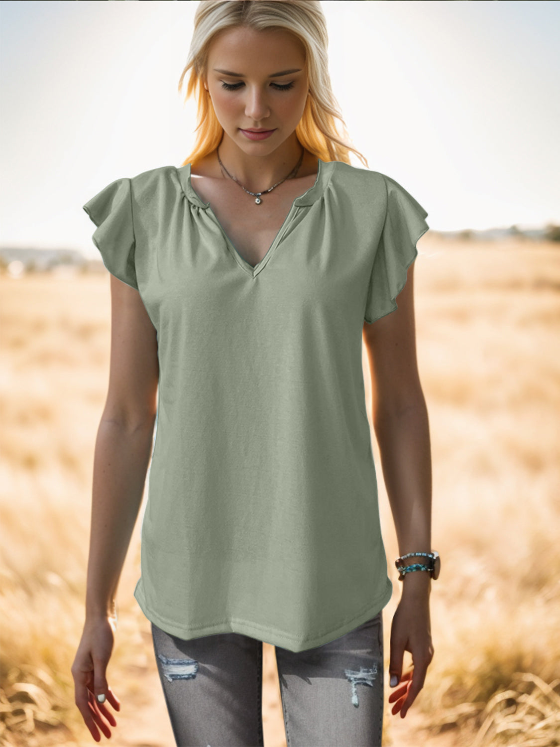Ruffled Notched Cap Sleeve Tank-Angel Casuals