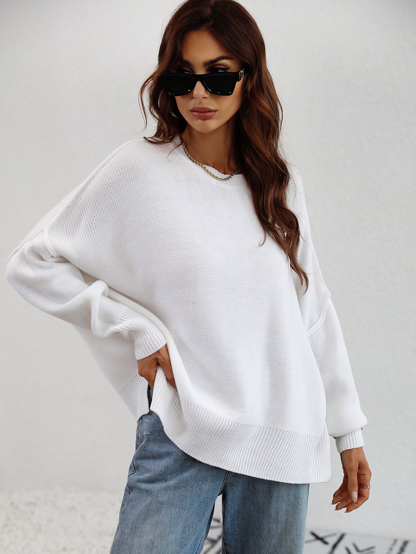 Exposed Seam Dropped Shoulder Slit Sweater-Angel Casuals