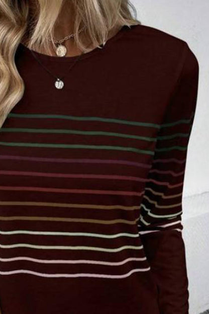 Striped Round Neck Long Sleeve T-Shirt-Angel Casuals