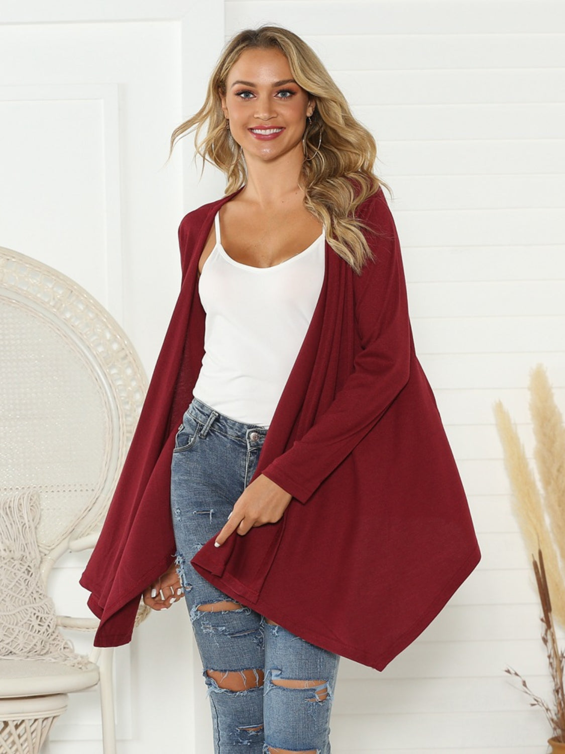 Shiny Floral Open Front Long Sleeve Cardigan-Angel Casuals