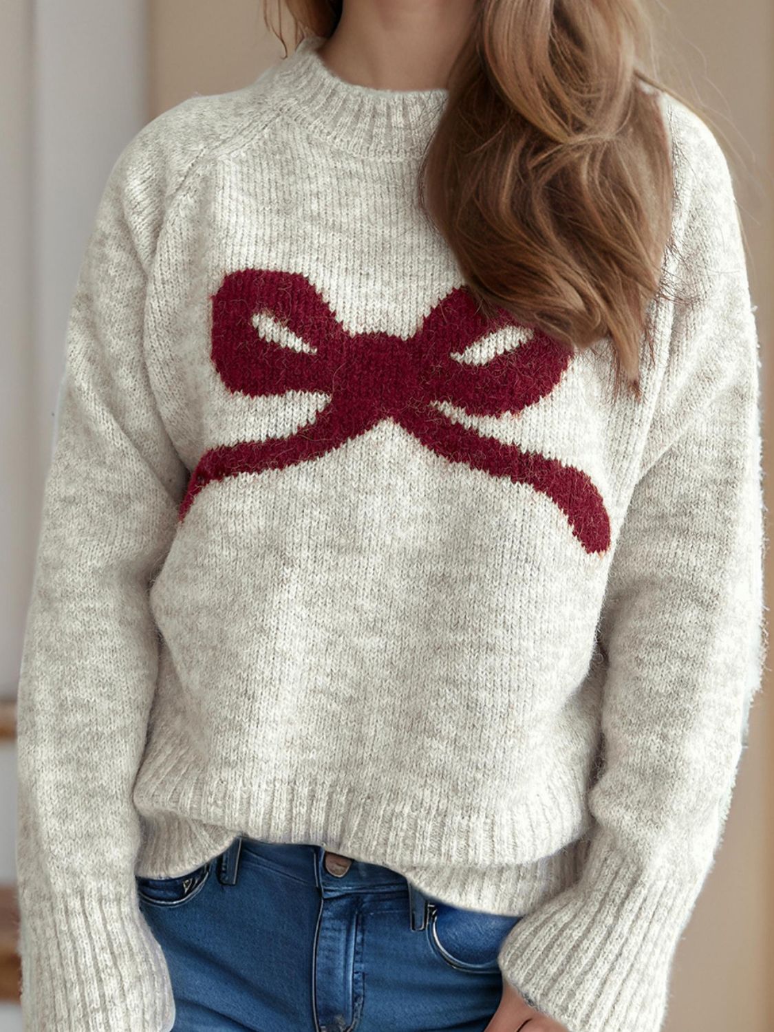 Bow Round Neck Long Sleeve Sweater-Angel Casuals