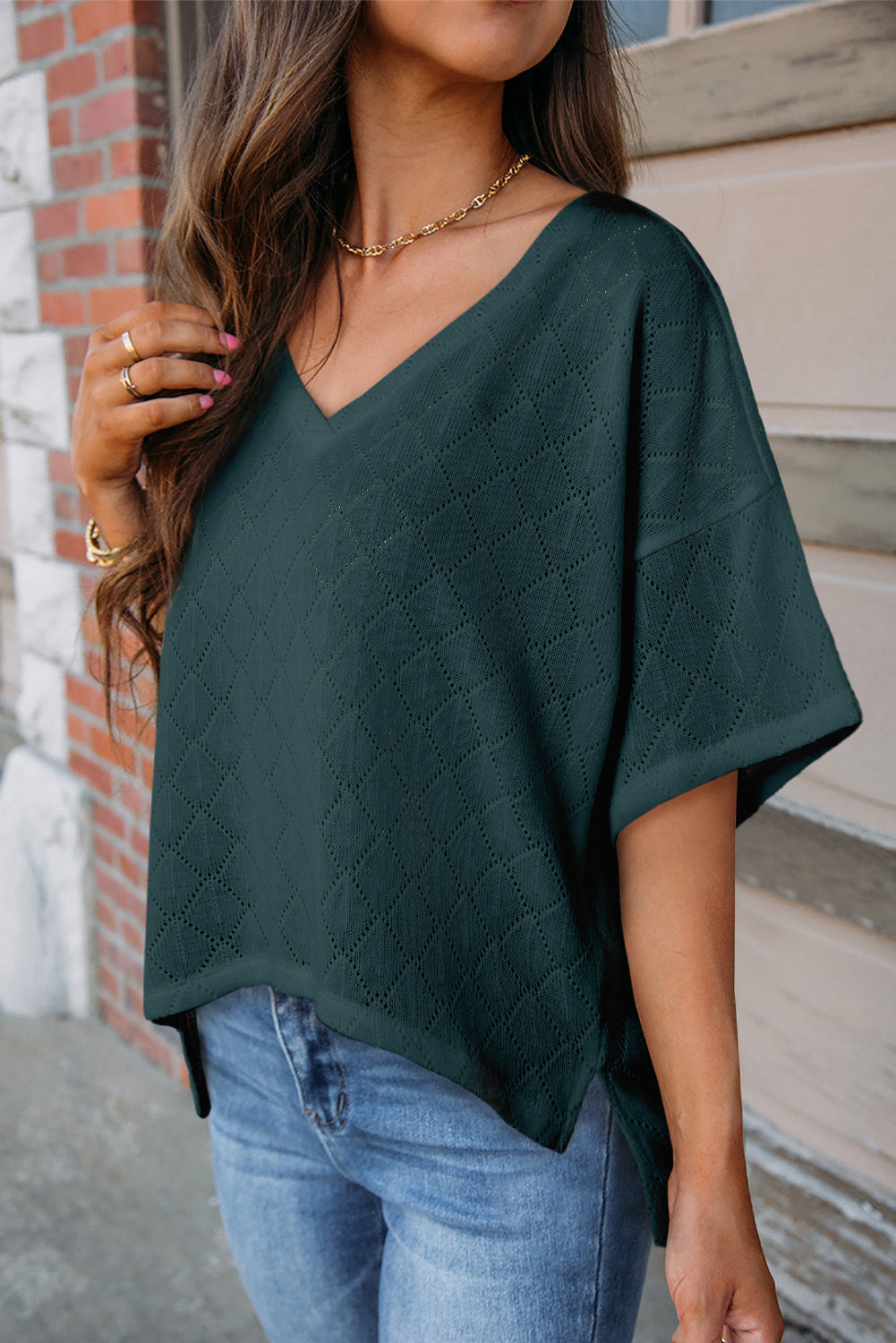 Eyelet V-Neck Dropped Shoulder T-Shirt-Angel Casuals