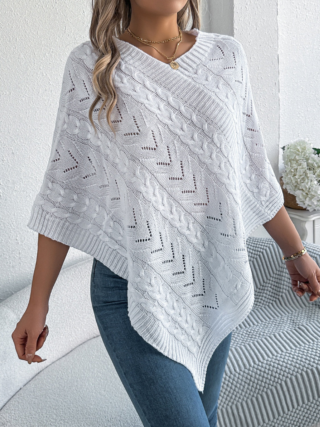 Cable-Knit Openwork Three-Quarter Sleeve Sweater-Angel Casuals