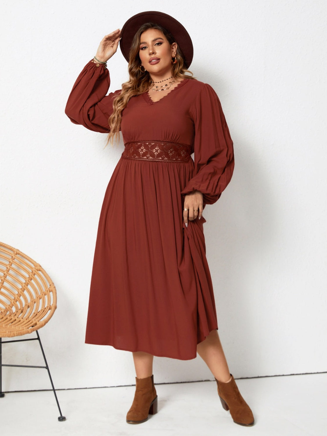 Plus Size Lace Detail V-Neck Balloon Sleeve Dress-Angel Casuals