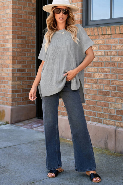 Slit Round Neck Short Sleeve Knit Top-Angel Casuals