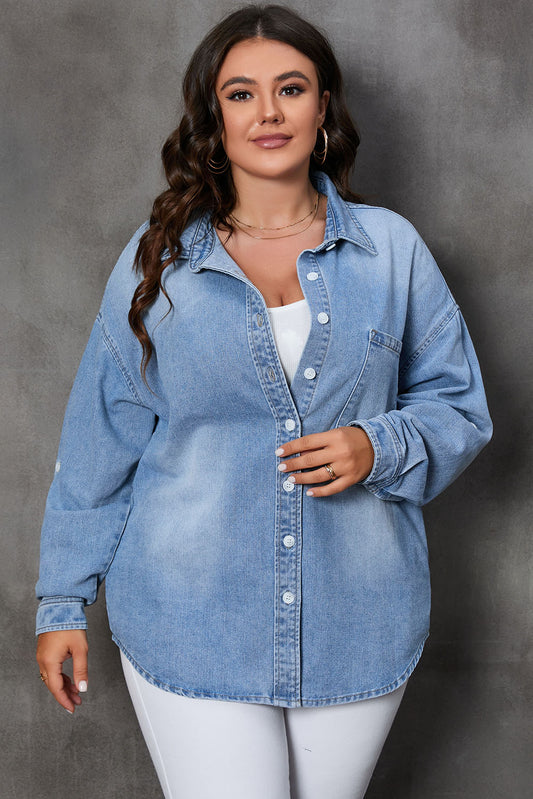 Plus Size Button Up Pocketed Denim Top-Angel Casuals