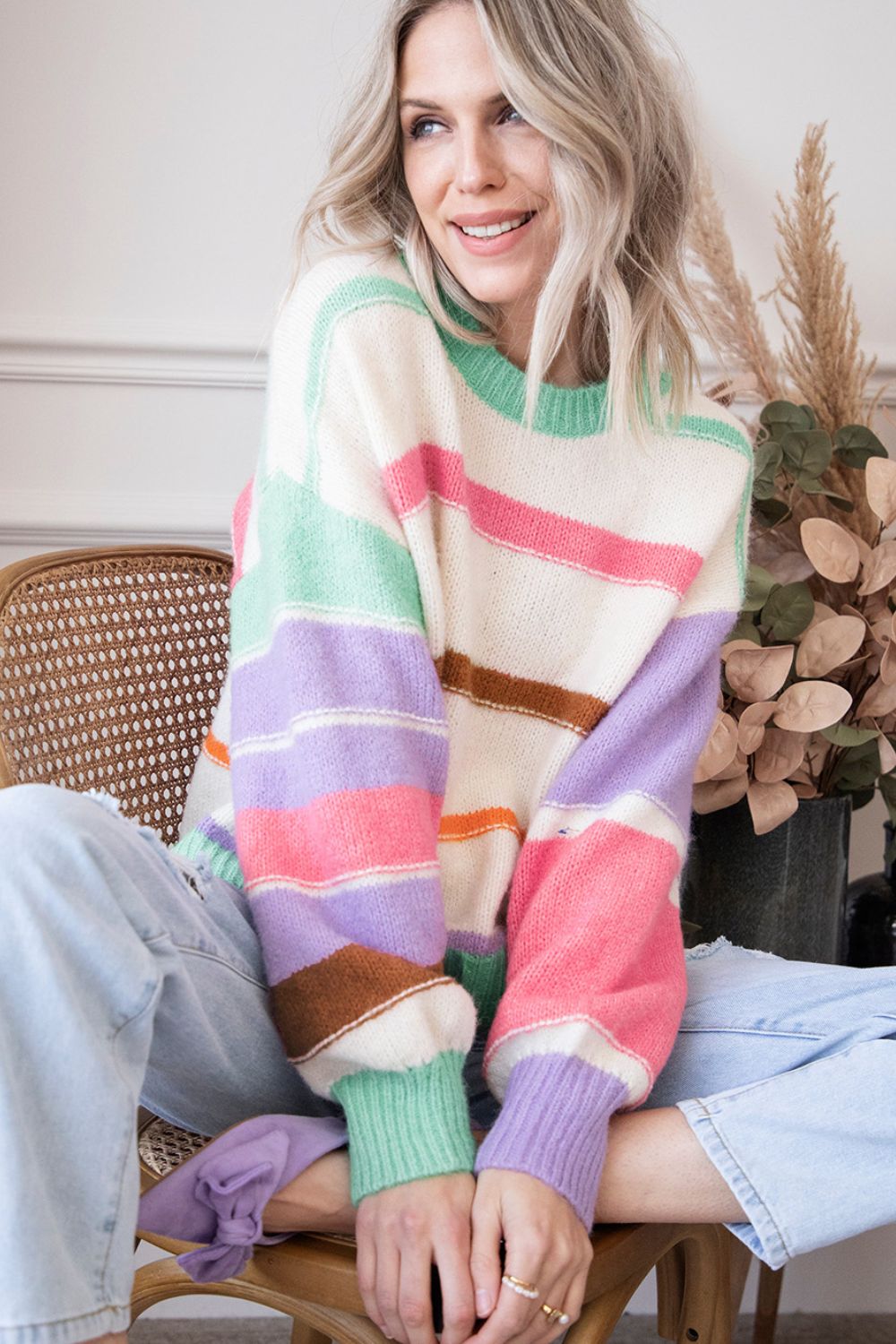 Contrast Striped Round Neck Drop Shoulder Sweater-Angel Casuals