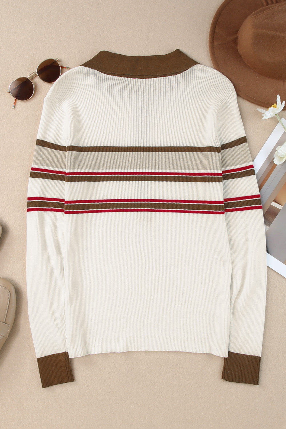 Half Button Contrast Stripe Long Sleeve Knit Top-Angel Casuals