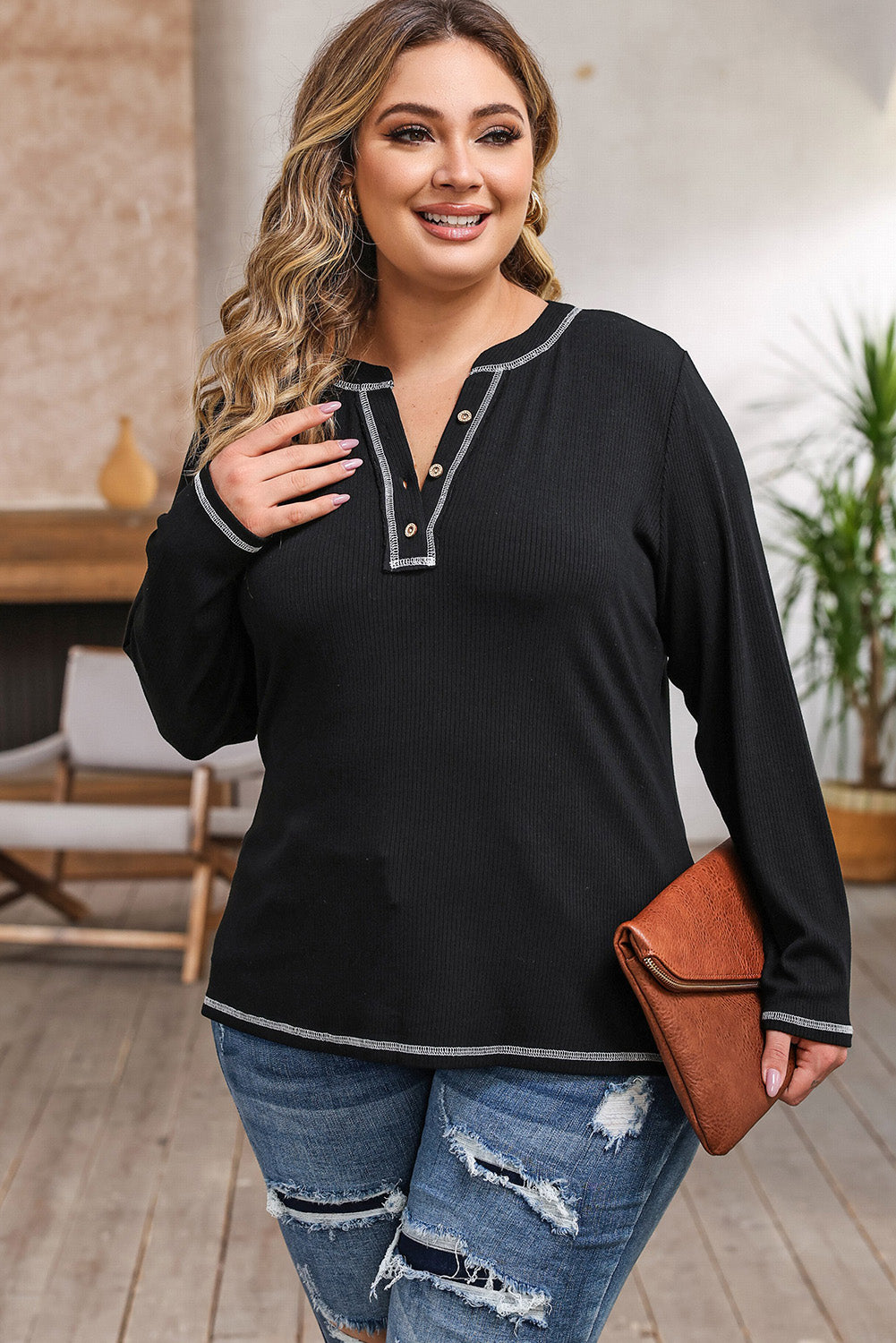 Plus Size Notched Neck Long Sleeve T-Shirt-Angel Casuals