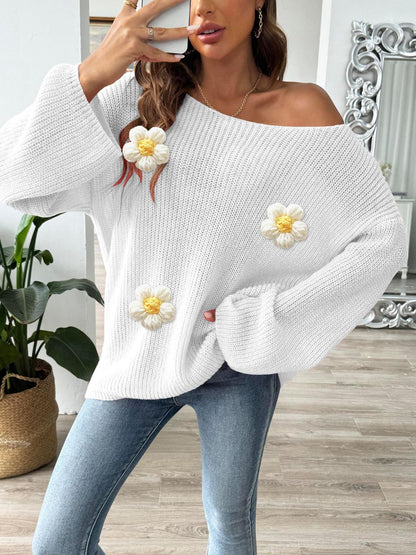 Flower Round Neck Long Sleeve Sweater-Angel Casuals