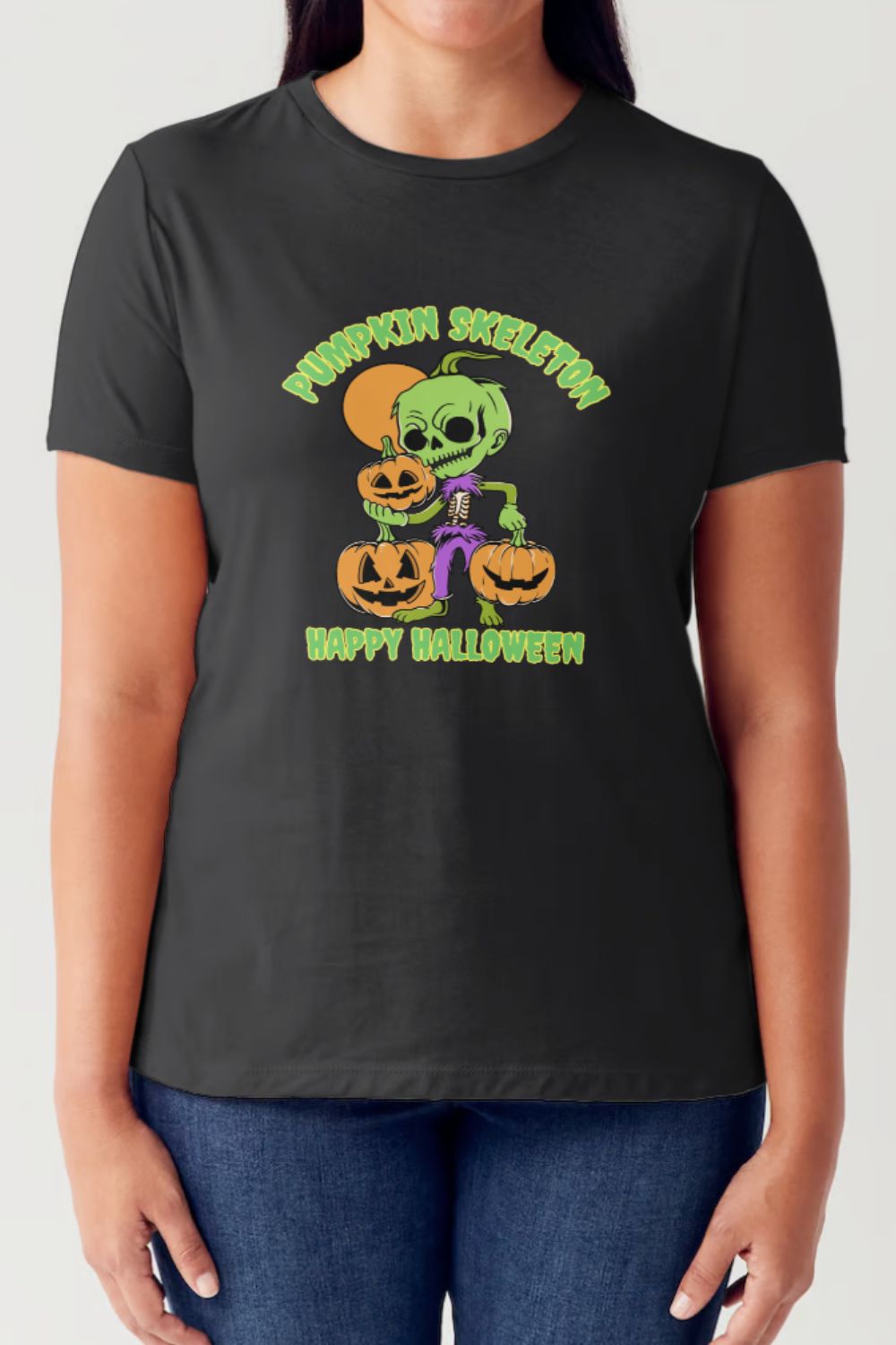 Simply Love Full Size PUMPKIN SKELETON HAPPY HALLOWEEN Short Sleeve Tubular T-Shirt-Angel Casuals