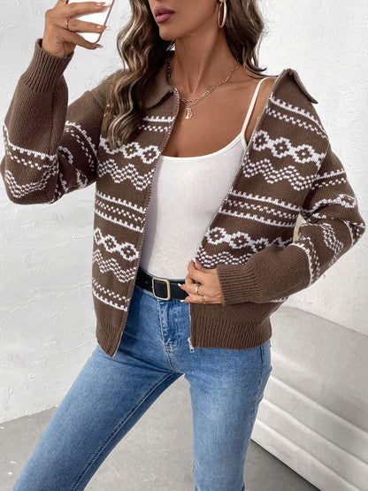 Perfee Geometric Zip Up Collared Neck Long Sleeve Cardigan-Angel Casuals