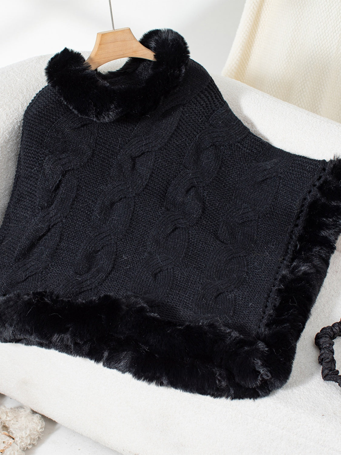 Fuzzy Hem Cable-Knit Poncho-Angel Casuals
