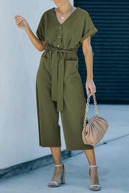 Tie-Waist Buttoned Cropped Jumpsuit-Angel Casuals