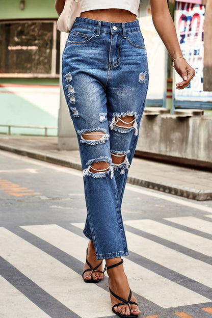 Distressed High Waist Straight Jeans-Angel Casuals