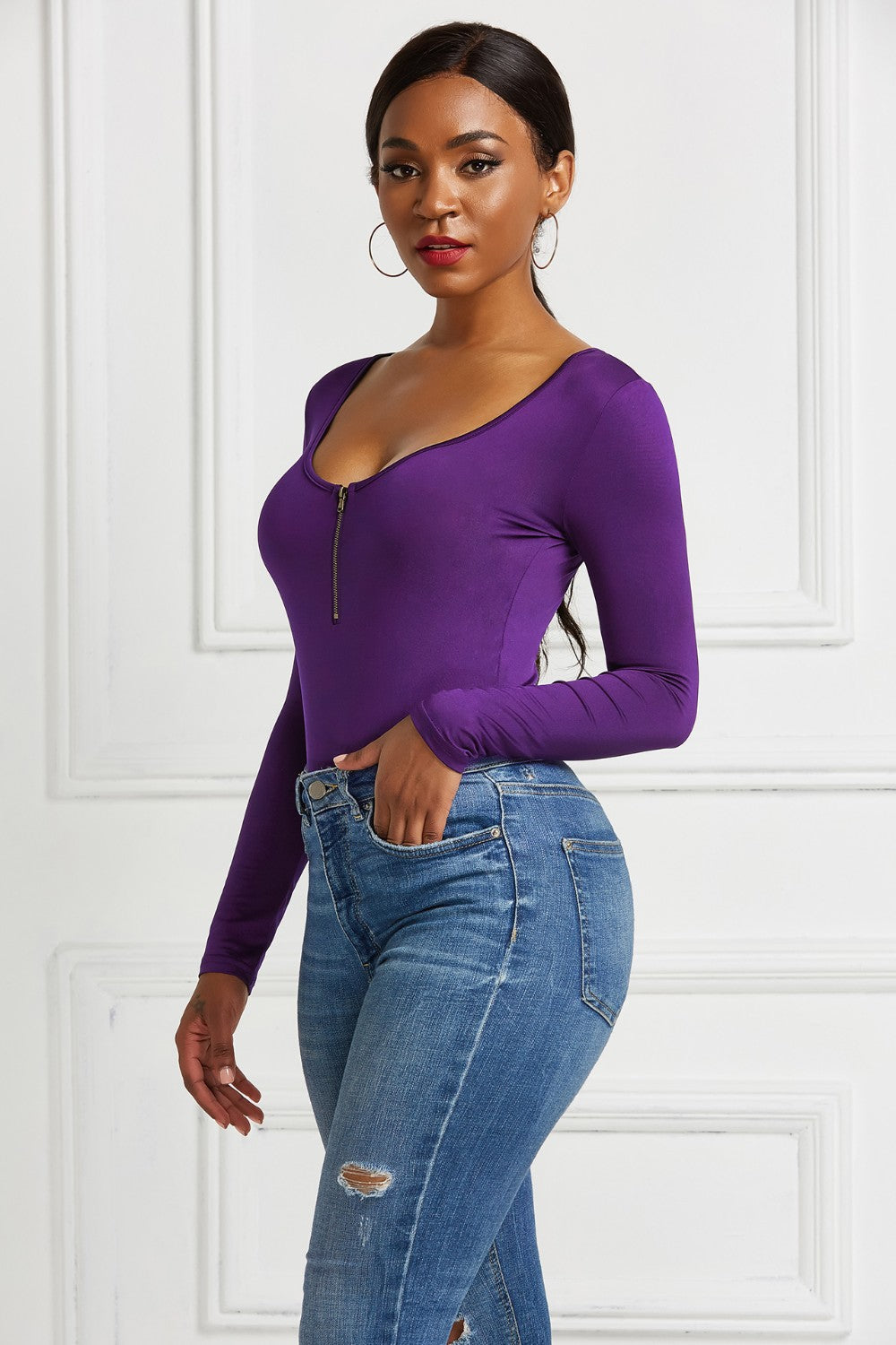 Half Zip Scoop Neck Long Sleeve Bodysuit-Angel Casuals