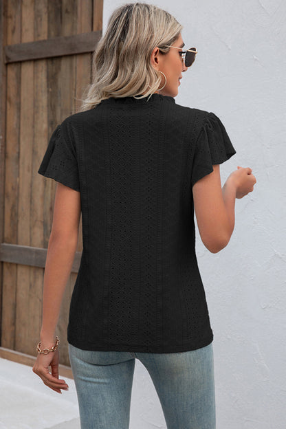 Eyelet Notched Flutter Sleeve T-Shirt-Angel Casuals