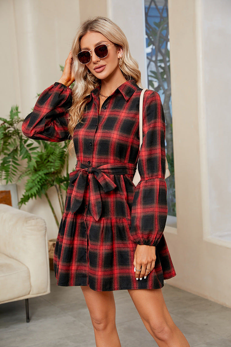 Plaid Print Tie Waist Collared Neck Shirt Dress-Angel Casuals