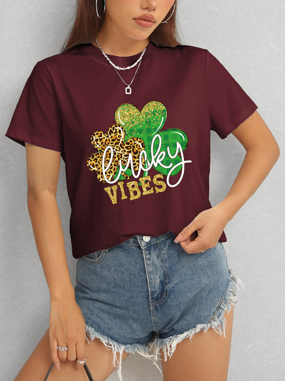 LUCKY VIBES Round Neck Short Sleeve T-Shirt-Angel Casuals