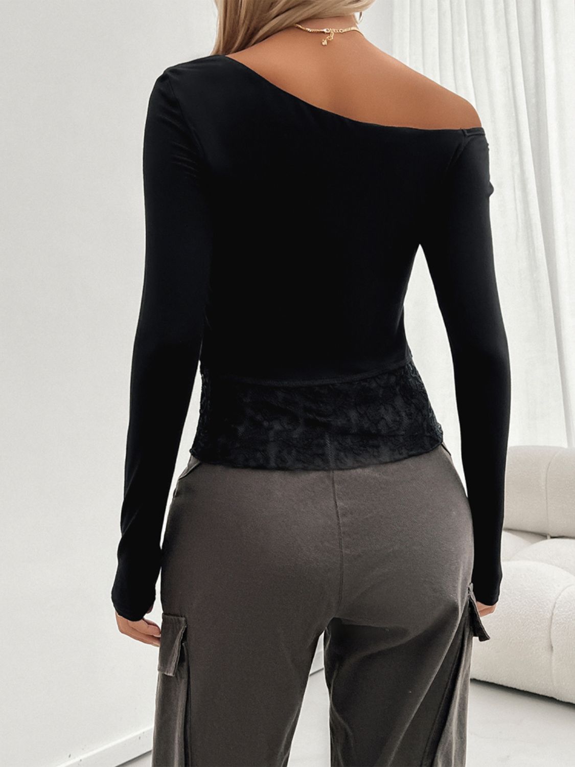 Devine Single Shoulder Long Sleeve Lace T-Shirt-Angel Casuals