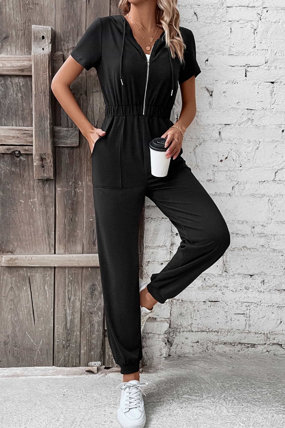 Zip-Up Short Sleeve Hooded Jumpsuit with Pockets-Angel Casuals