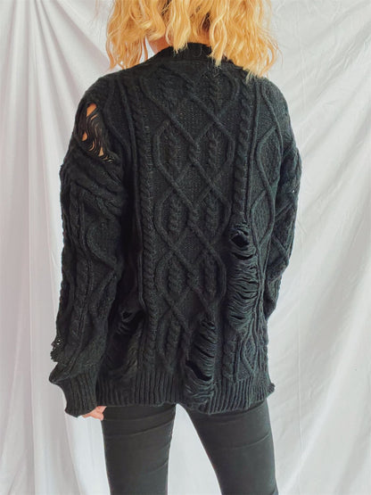 Distressed Cable-Knit Round Neck Long Sleeve Sweater-Angel Casuals