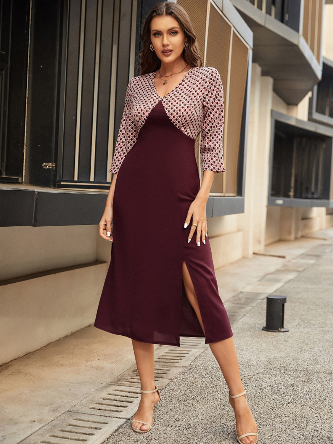 Slit V-Neck Three-Quarter Sleeve Midi Dress-Angel Casuals