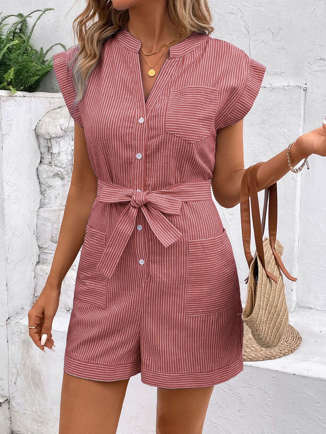 Striped Notched Tie Waist Romper-Angel Casuals