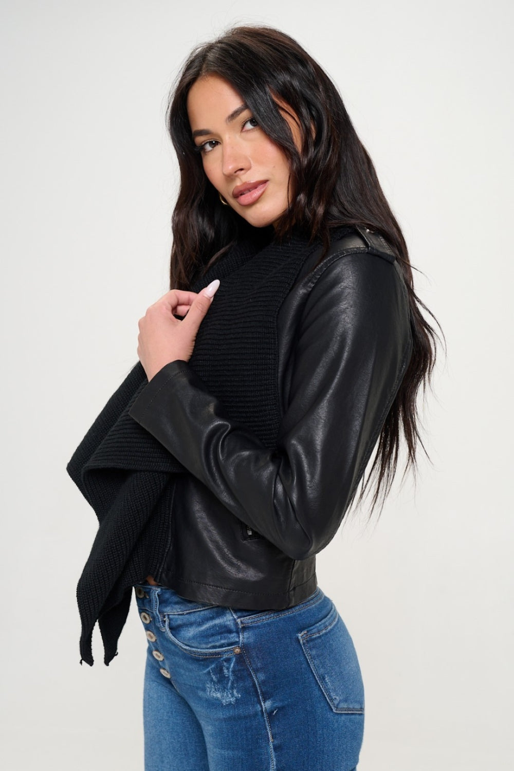 Coalition LA Knit Collared Faux Leather Crop Jacket-Angel Casuals