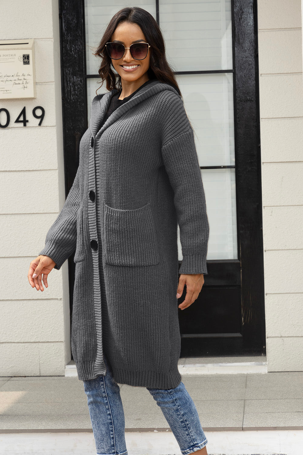 Button Up Long Sleeve Hooded Cardigan with Pockets-Angel Casuals