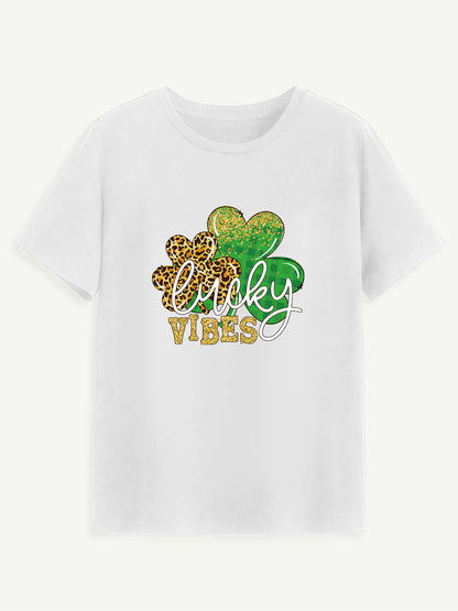 LUCKY VIBES Round Neck Short Sleeve T-Shirt-Angel Casuals