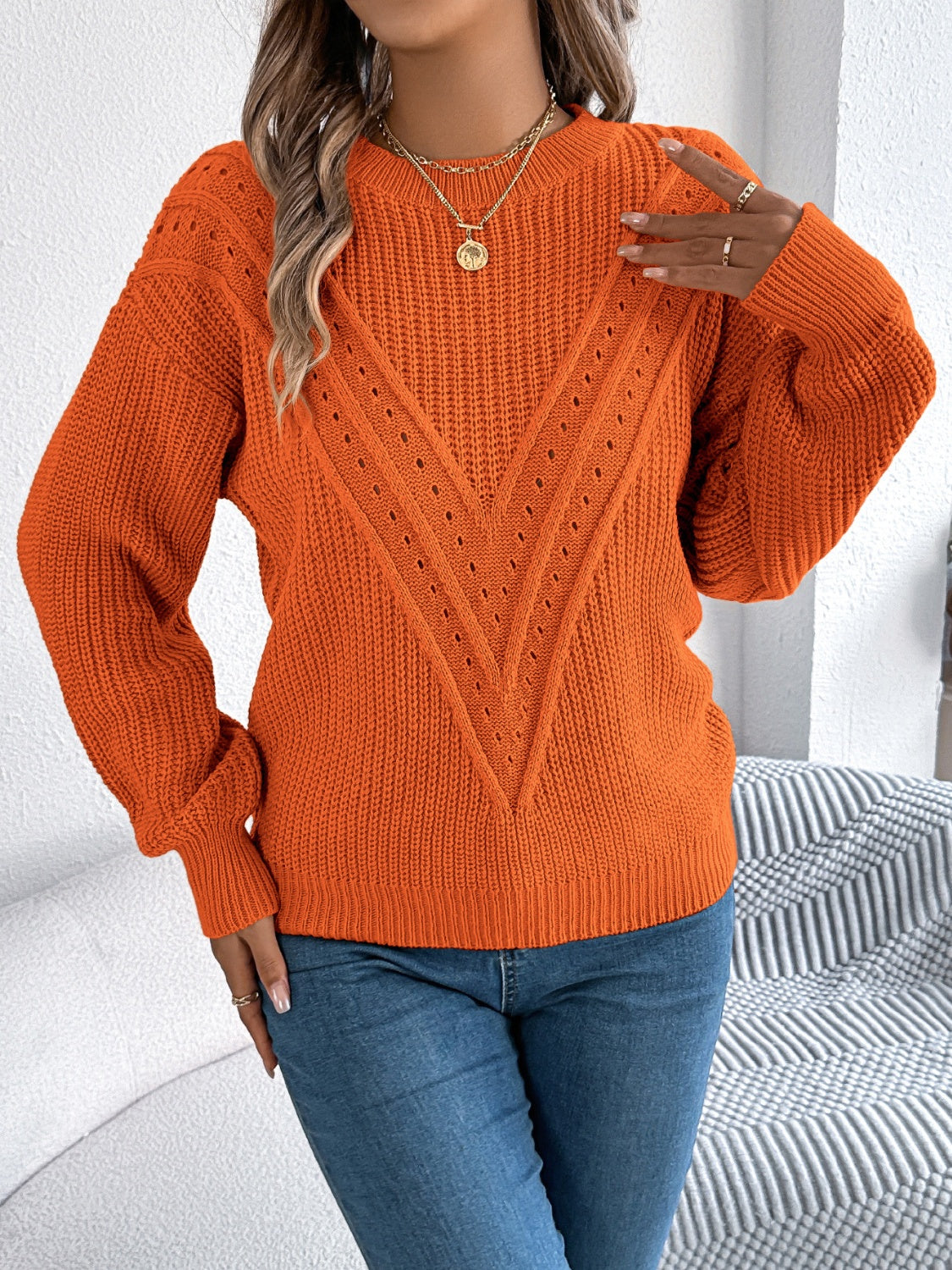 Openwork Round Neck Long Sleeve Sweater-Angel Casuals