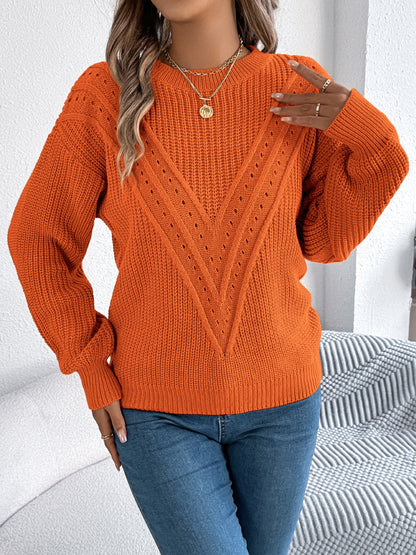 Openwork Round Neck Long Sleeve Sweater-Angel Casuals