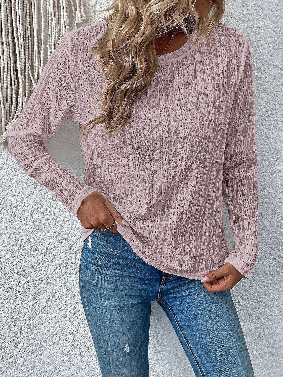 Eyelet Round Neck Long Sleeve Top-Angel Casuals