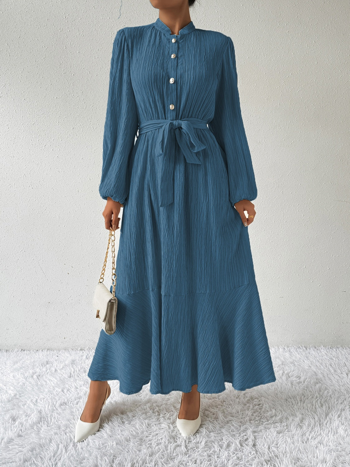 Tie Waist Long Sleeve Dress-Angel Casuals