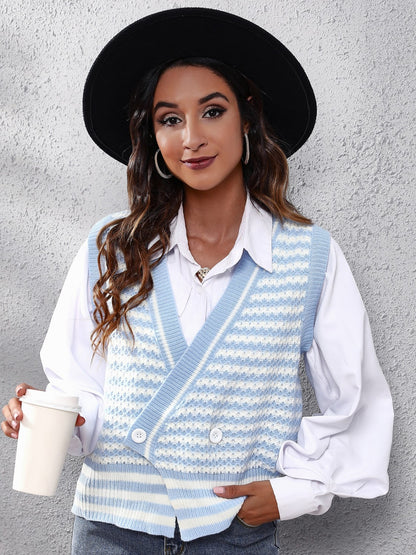 Striped Button Up V-Neck Sweater Vest-Angel Casuals