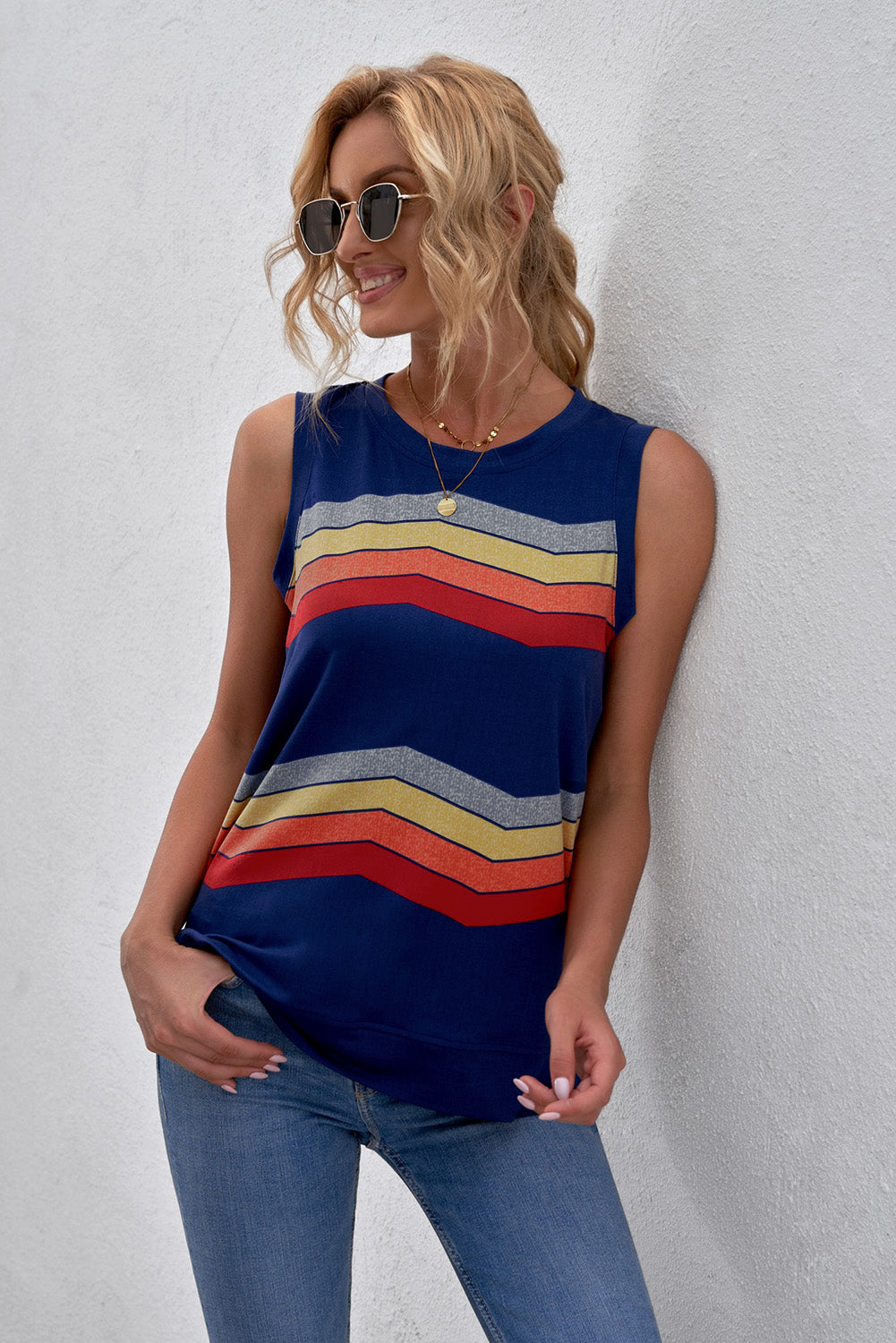 Printed Side Slit Round Neck Tank-Angel Casuals